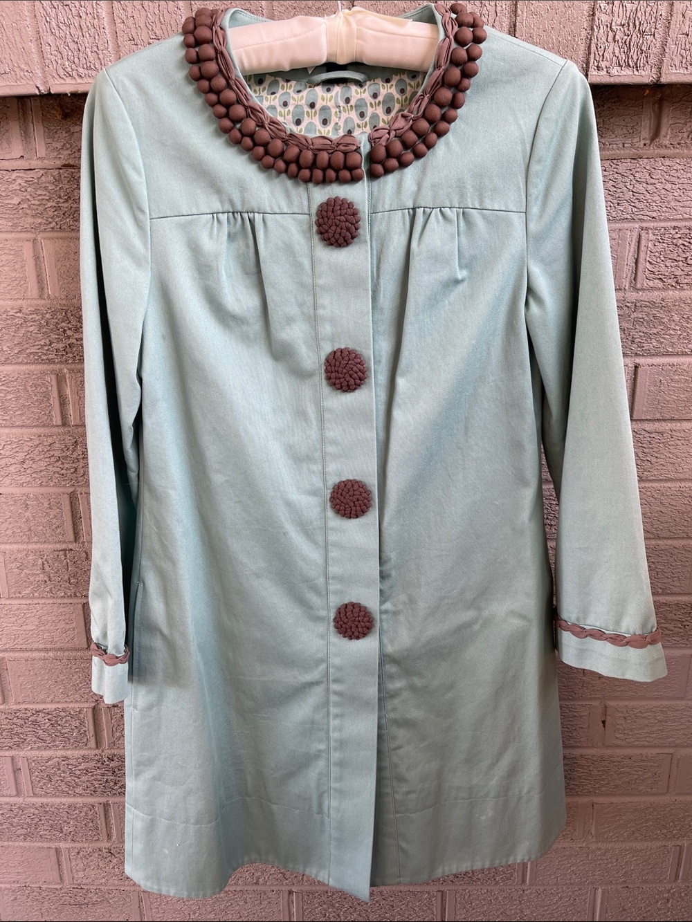 Boden Artisan Coat- Light Blue with Brown Trim- size 8